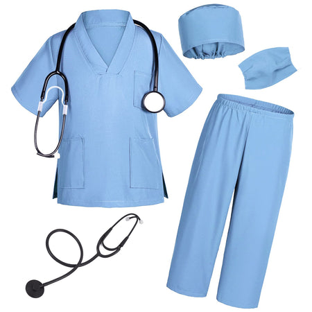 Doctor Costume for Kids Scrubs Pants with Accessories Set Toddler Children Cosplay 8-9 Years Sky Blue