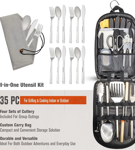 Grilling and Camping Cooking Utensils Set for the Outdoors BBQ - Camping Utensil Set Camping Kitchen Set Cookware Accessories
