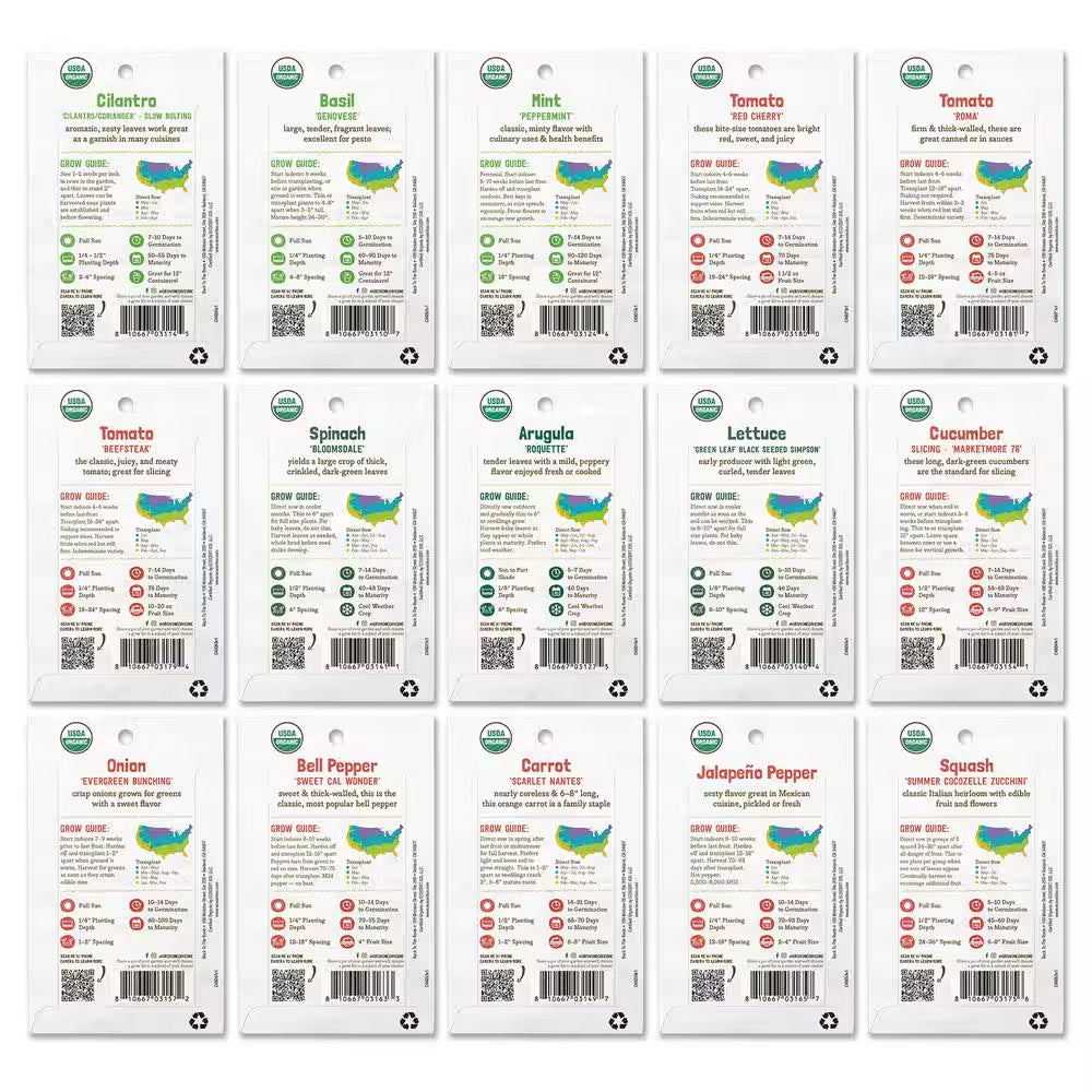 Organic Garden Essentials Vegetable Seeds Variety (15-Pack)