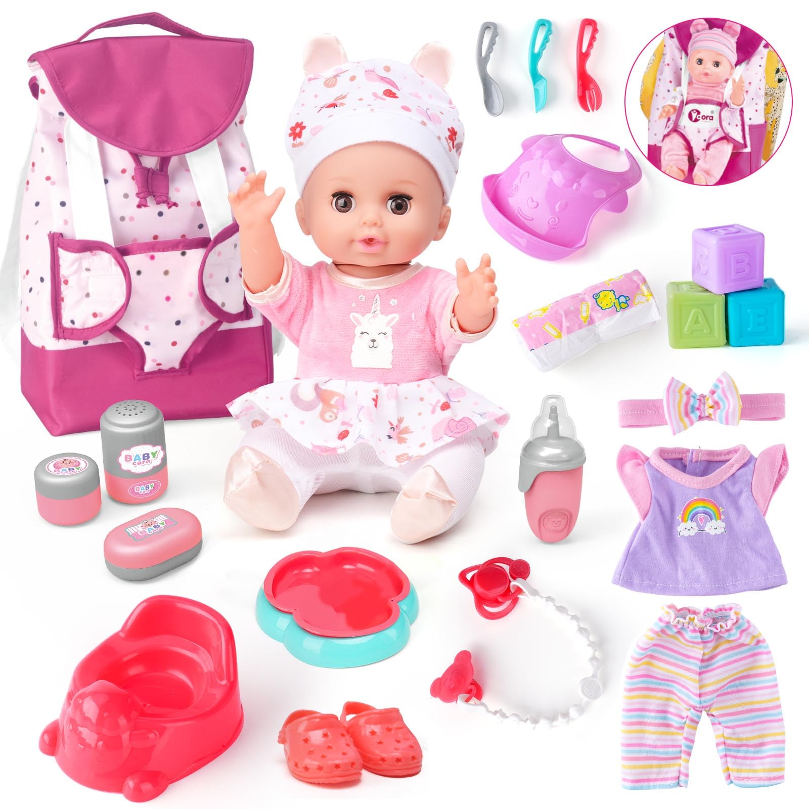 AuntyFey Baby Doll with Accessories Set Baby Dolls Set for Toddler Girls 3-5 6-12 Toddler Baby Doll Set Baby Doll Playset Baby Dolls for 5 Year Old Girls Baby Doll Toys Pretend Play Toy(BackPack)