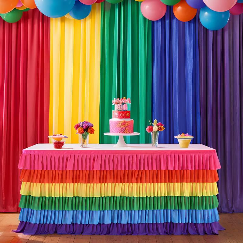 Pastel Rainbow Table Skirt Ruffle Party Tablecloth for Rectangle Table 6Ft Birthday Party Baby Shower