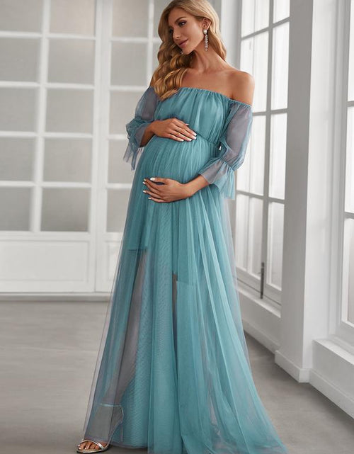 Load image into Gallery viewer, EVER PRETTY Sheer Off-Shoulder Double Skirt Maxi Maternity Dress below the Ankle Square Neckline Long Sleeves Concealed Zipper Back 20862
