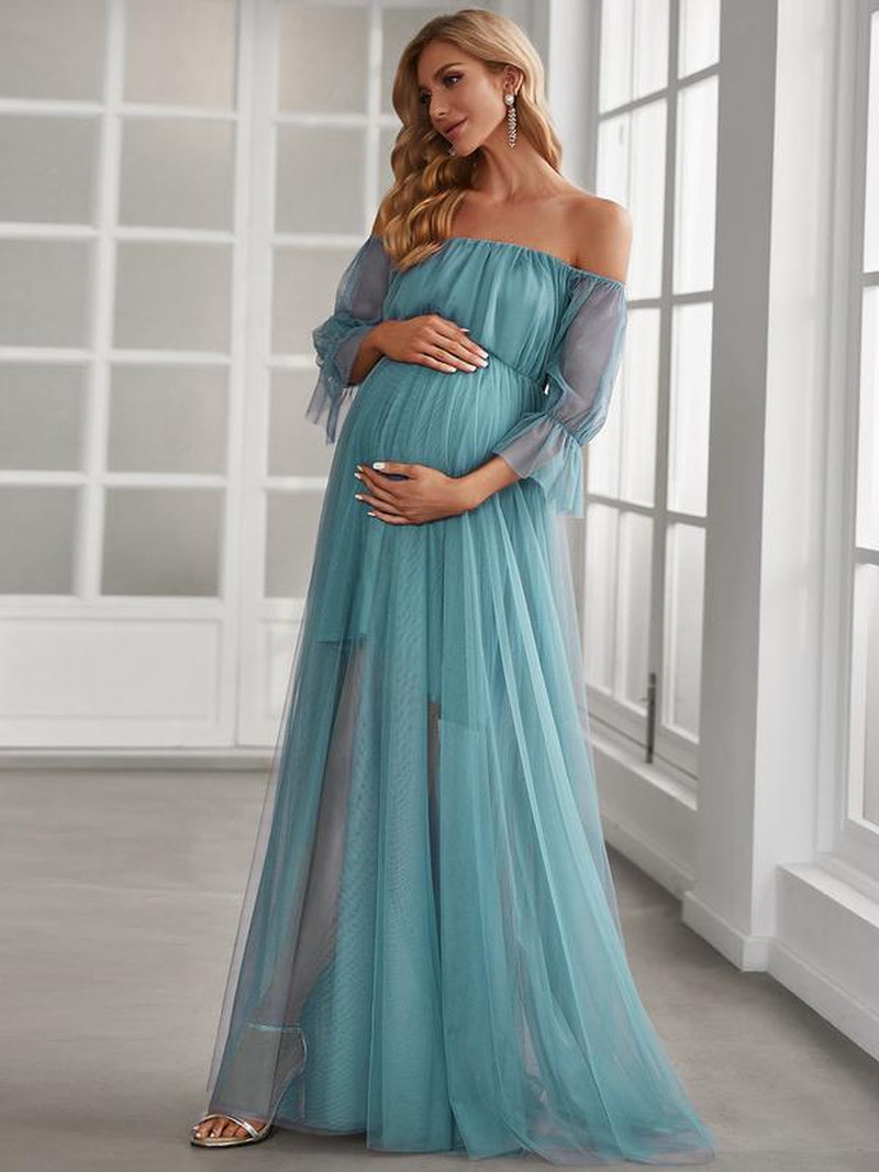 EVER PRETTY Sheer Off-Shoulder Double Skirt Maxi Maternity Dress below the Ankle Square Neckline Long Sleeves Concealed Zipper Back 20862