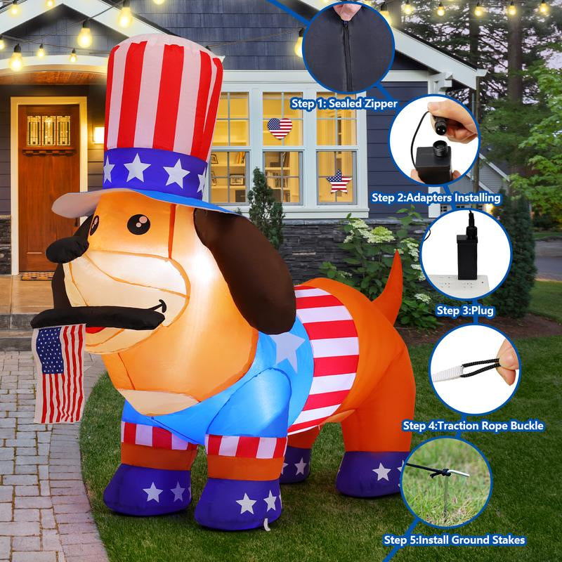 4Th of July Inflatables 4FT Dog with American Flag Independence Day Blow up Inflatable Yard Decorations with Built-In Leds for Holiday Party Indoor Outdoor Yard Garden Lawn