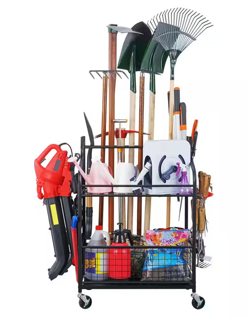 Load image into Gallery viewer, 3- Tier Garden Tool Organizer for Garage-Yard Tool Racks with Wheels
