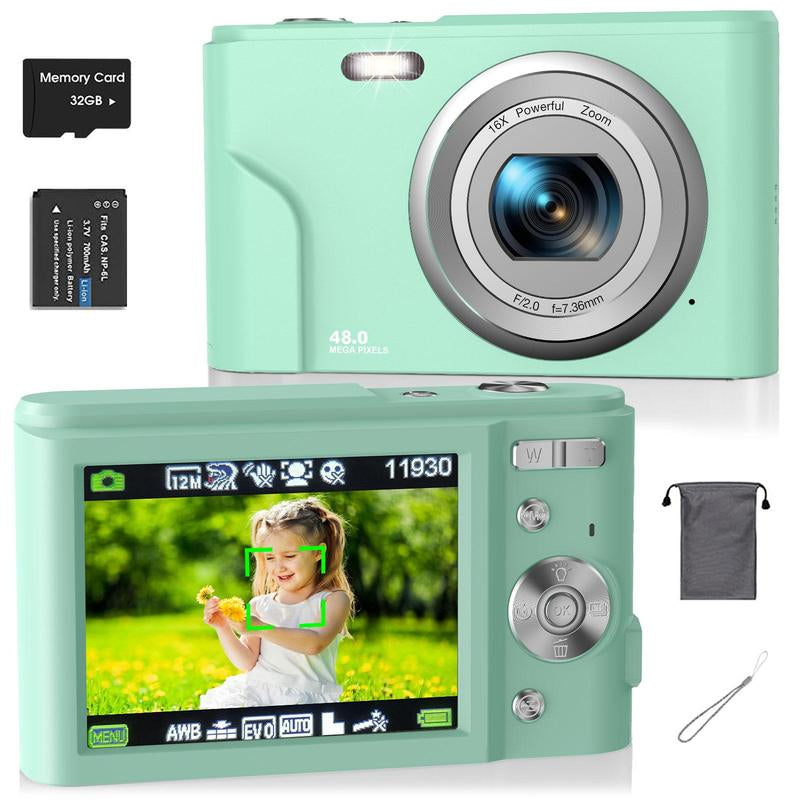 Auto Focus Digital Camera, 1 Count Full HD 1080P/48MP Mini Digital Cameras with 32G Memory Card, Compact Portable Camera, 16X Zoom Digital Camera Pictures For, Photo Camera, Shoot Cameras, Pocket Camera