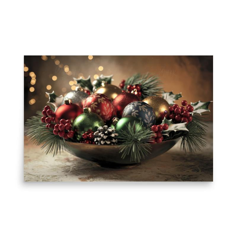 Elegant Christmas Ornament Wall Art Poster - High Quality Holiday Décor Physical Decoration, Aesthetic Holly Ornament Print Picture Unframe