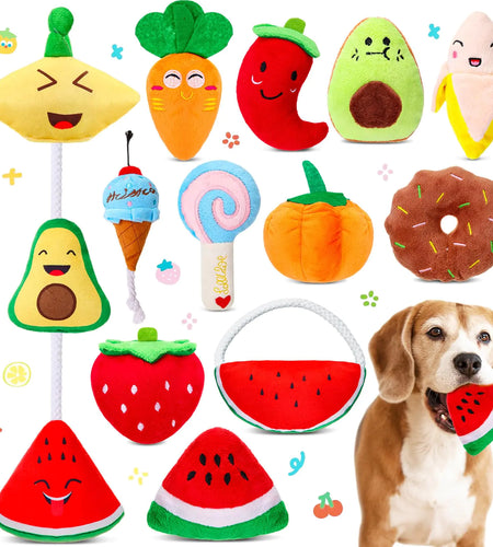 SilTriangle 12 Pcs Dog Squeaky Toys Stuffed Carrot Dog Toy Dog Cute Stuffed Animal Puppy Toys Cute Chew Toys Pet Toys Dog Plush Toy for Dog Playing Training Teeth Cleaning (Fruit and Vegetable)