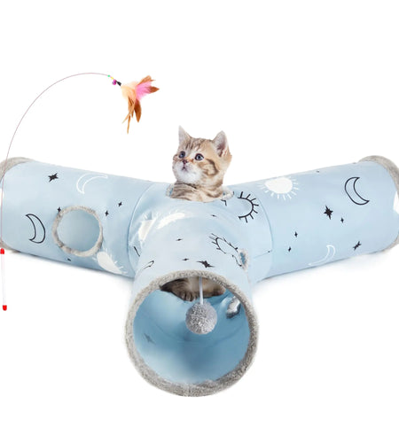 Tempcore Pet Cat Tunnel Tube Cat Toys 3 Way Collapsible Cat Tunnels for Indoor Cats，Kitty Tunnel Bored Cat Pet Toys Peek Hole Toy Ball Cat Puppy Kitty Kitten Rabbit Blue Large Size Blue Sun