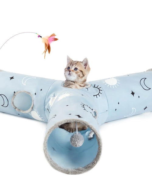 Load image into Gallery viewer, Tempcore Pet Cat Tunnel Tube Cat Toys 3 Way Collapsible Cat Tunnels for Indoor Cats，Kitty Tunnel Bored Cat Pet Toys Peek Hole Toy Ball Cat Puppy Kitty Kitten Rabbit Blue Large Size Blue Sun
