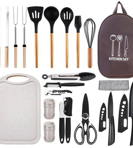 Pansyling Silicone Camping Cooking Set with Storage Bag RV Camping Must Haves Car Camping Essentials Camper Accessories Camping Kitchen Cooking Utensil for Picnic Hiking Travel