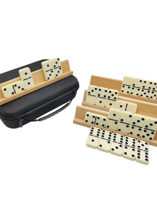 Load image into Gallery viewer, MIDOLITE Dominos Set for Adults with 4 Wooden Racks Double 6 Dominoes Game Set with 28 Colored Domino Tiles Double Six Dominos Set with Travel Case - Classic Board Games
