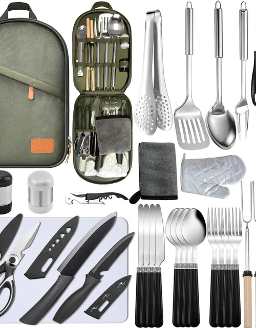 Load image into Gallery viewer, Camping Cooking Set- 31 Pcs Camping Utensils Camping Essentials Camping Gear for Camp Kitchen Cooking and Grilling Portable Outdoor Cooking Travel Set for RV Tent Camper BBQs Camping Accessories
