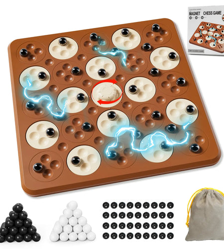 Magnetic Game Chess Magnet Game Board Games for Adults Kids Family Night 2 in 1 Multiplayer Board Games Magnetic Game with 36 Magnetic Pieces Connect 5 Piece with 120 Plastic Pieces (Brown)