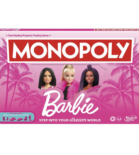Monopoly: Barbie Edition Board Game Ages 8+ 2-6 Players Fun Family Games for Kids and Adults with 6 Barbie-Themed Pink Zinc Tokens Kids Gifts